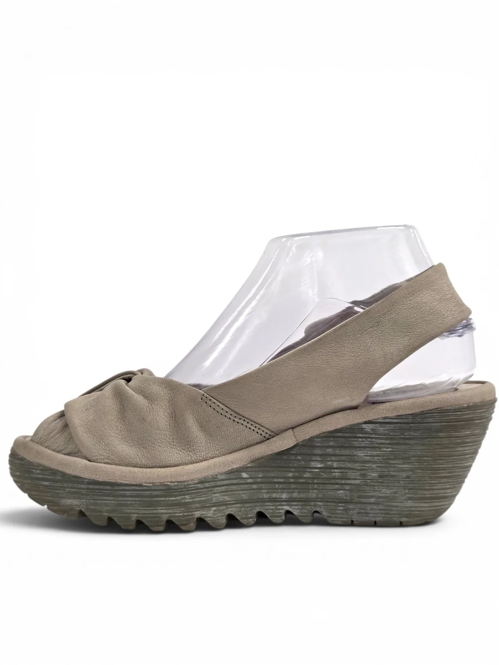 FLY London YAKIN Leather Wedge Sandals Taupe Beige Peep Toe Platform 37 US 6.5/7